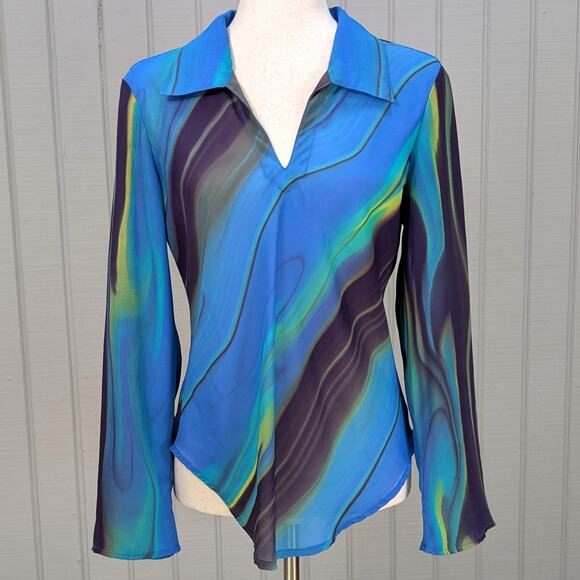 VTG 90s Compagnie Internationale Express Blue Swirl Collared Long Sleeve Top Med - Picture 1 of 6